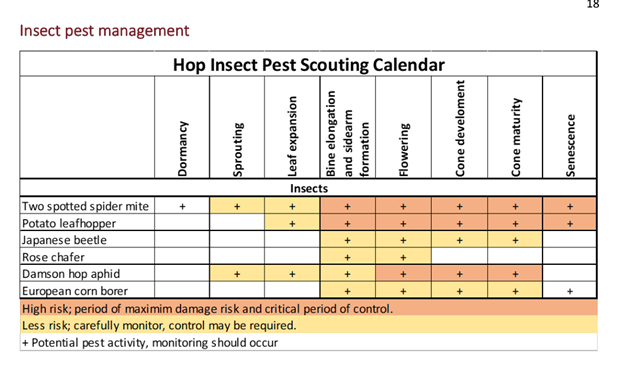 Hop insect scouting calendar.